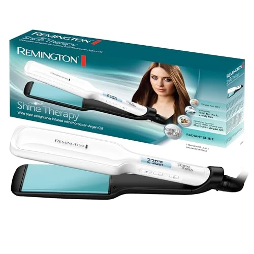 Oferta limitada: Remington Plancha de Pelo Shine Therapy, Aceite de Argán, Placas Flotantes Anchas, Resultados Profesionales, Cerámica Avanzada, Temperatura hasta 235°C, Digital, Blanco, 110 x 50 mm, S8550 de 70.99 EUR a 29.99 EUR (ahorro 58%)