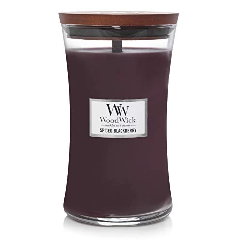 Vela aromática WoodWick con llama Hearthwick, parafina violeta salvaje, elipse