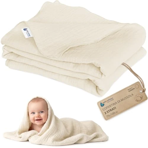 Offerta a tempo: Medi Partners Coperta di Mussola per Neonata 75x100cm Copertina Neonato per lettino - 100% Cotone Mussole naturale Blanket Neonati Invernale Estate Carrozzina Bambino (Beige) - 29% da 15.99 € a 11.40 €