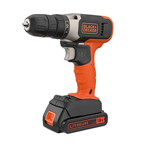 BLACK+DECKER Trapano avvitatore a batteria da 18 V, coppia massima 37 Nm, 10 posizioni di frizione, luce di lavoro a LED, batteria da 1,5 Ah e caricabatterie, BCD001C1-QW