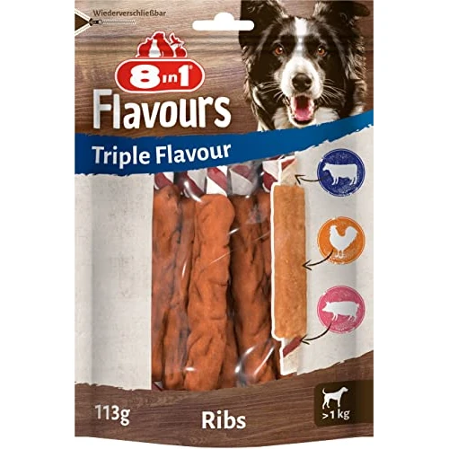 Tijdelijke aanbieding: 8-in-1 Triple Flavour koekjes voor honden, met extra veel vlees, per stuk verpakt (113 g), verschillende Soorten:, Ribs (1 x 113 g). van 5.25 EUR naar 5.25 EUR (korting 0%)