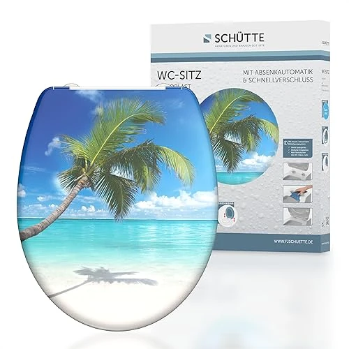 SCHÜTTE Toiletbril Duroplast Carribean, toiletbril met softclosemechanisme en snelsluiting voor eenvoudige reiniging, maximale belasting van de wc-bril 150 kg, motief strand 82363