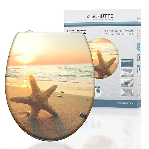 Offerta a tempo: SCHÜTTE Sedile WC Duroplast SEA STAR, sedile WC con abbassamento automatico e chiusura rapida per una facile pulizia, carico massimo sugli occhialini 150 kg, motivo stella marina 82373 - 0.00% da 75.20 € a 75.20 €