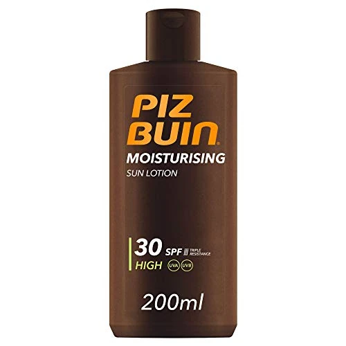Offerta a tempo: PIZ BUIN Moisturising Latte Solare SPF 30+, Crema solare 30 idratante, Protezione solare 30 con filtro solare UVA/UVB e Glicerina, Latte solare SPF 30 resistente all'acqua e al sudore, 200 ml - 42% da 18.40 € a 10.66 €