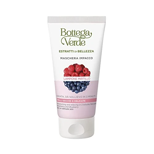 Bottega Verde - Estratti di bellezza, Maschera Impacco Lampone e Mirtillo, 75 ml, Idrata, dà Sollievo in 3 Minuti, per Pelli Secche o Delicate