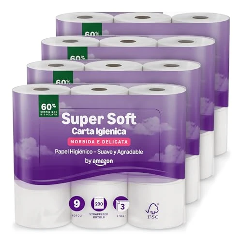 Offerta a tempo: by Amazon Carta Igienica, 3 Veli Trapuntata, Morbida e Setosa, 36 Rotoli (4 Confezioni da 9), 200 Fogli per Rotolo, Certificata FSC - 15% da 23.16 € a 19.69 €