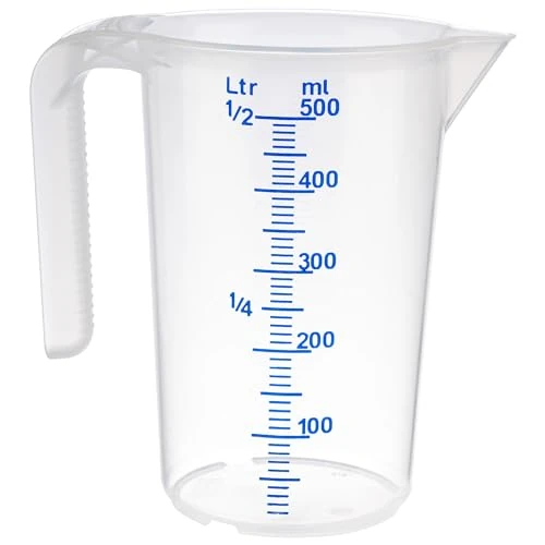 APS Vaso medidor de 0,5 litros, diámetro de 9 x altura: 14 cm, vaso de plástico con escala exterior en relieve, mango abierto, división L/ml, apto para lavavajillas