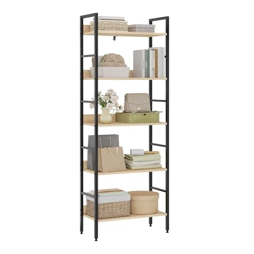 Offerta a tempo: WOLTU Libreria Scaffale a 5 Livelli, Libreria Verticale Struttura in Metallo per Soggiorno/Camera da Letto/Studio, 60x27,5x160cm, Bianco + Rovere chiaro - 45% da 72.99 € a 39.99 €