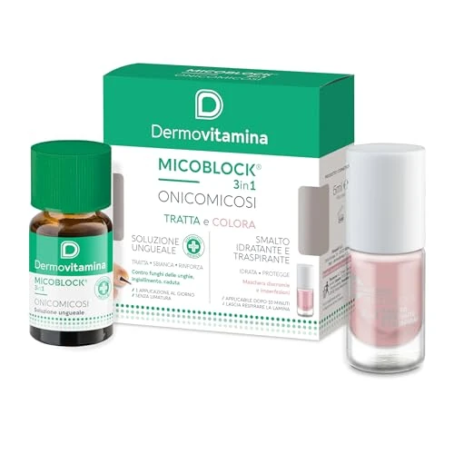 Offerta a tempo: Dermovitamina Micoblock 3in1 Onicomicosi - Soluzione Ungueale Micosi + Smalto Curativo Nude - Tratta e Colora - Smalto Rinforzante Unghie Fragili - Antimicotico Unghie e Piedi - Gel 7 ml + 5 ml - 36% da 21.50 € a 13.73 €