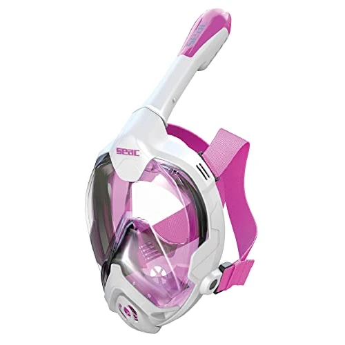 Seac Magica, Maschera Snorkeling Full Face Integrale Anti Appannamento con Morbido Facciale in 4 Taglie, Valvola di Spurgo e Snorkel Dry Top, bianco/rosa, XS/S