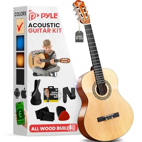 Offerta a tempo: Pyle 91 cm Chitarra Acustica Classica 3/4 Junior, Chitarra in Legno di Tiglio con Custodia Protettiva, Accordatore, Corde in Nylon, Plettri, Tracolla, per Principianti, Adulti, Destrimani - 0.00% da 58.49 € a 58.49 €