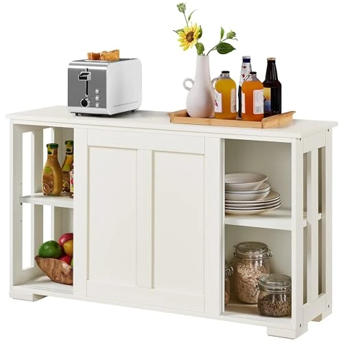 Offerta a tempo: Yaheetech Credenza Mobile da Cucina Bianco Avorio con 2 Ante Scorrevoli Salvaspazio e Ripiano Regolabile in Legno Mobiletto TV da Salotto Soggiorno 106,7 x 33 x 63 cm - 15% da 84.99 € a 72.24 €