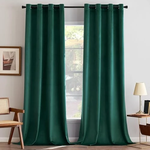 MIULEE Rideaux Velours Vert Foncé 140x225 CM Lot de 2, Luxurious Doux Semi-occultant Rideau à Oeillets, Rideau Thermique Isolant Anti Chaleur Velours pour Chambre, Opaque Rideaux Salon Moderne