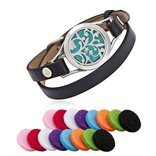 LURICO Aroma Essential Oil Diffuser Bracelet, Stainless Steel Aromatherapy Locket Bracelets with 16 Color Pads, Adjustable Leather Band with Jewelry Gift Box-Black