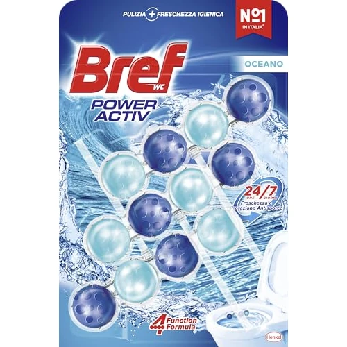 Offerta a tempo: Bref WC Power Activ Ocean Detergente Profumatore in Pastiglie Igienizzante Bagno, Pulito, Fresco, 1 Confezione da 3 Pezzi - 33% da 4.49 € a 2.99 €