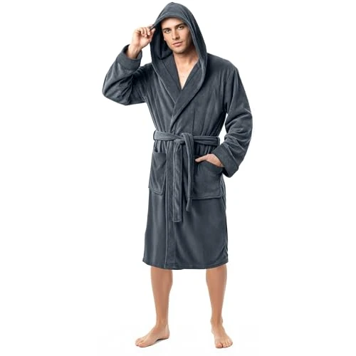NY Threads Robe de chambre à capuche pour hommes, vêtements de nuit doux et confortables, Gris Foncé, Grande