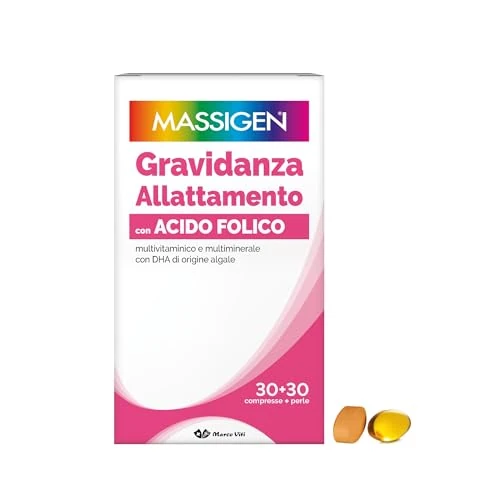 Massigen DailyVit+ - Multivitaminico, Gravidanza e Allattamento, Senza Glutine, In grado di Favorire lo Sviluppo fisiologico Cerebrale e degli Occhi del Feto, 30 Compresse da 11 g + 30 Perle da 700 mg
