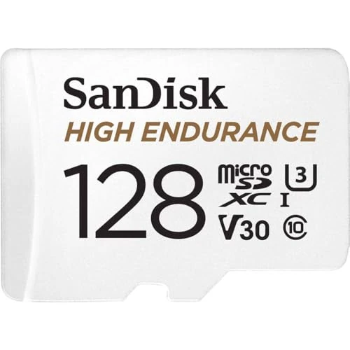 SanDisk 128 Go High Endurance carte microSDXC pour les caméras IP et les caméras embarquées + adaptateur SD jusqu'à 10 000 heures de vidéo Full HD / 4K jusqu'à 100 Mo/s UHS-I Class 10 U3 V30