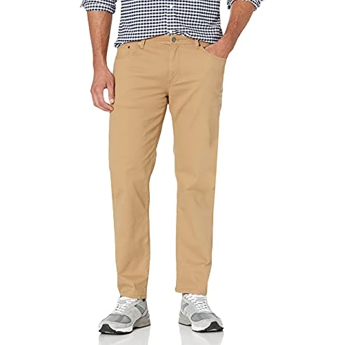 Amazon Essentials Pantalones de Sarga Elástica de Corte Recto y con 5 Bolsillos Hombre, Marrón Caqui Oscuro, 35W / 29L