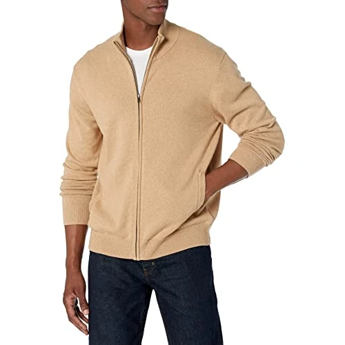 Amazon Essentials Herren Pullover mit durchgehendem Reißverschluss, Kamelbraun Meliert, XXL