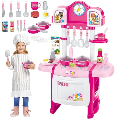 deAO 'My Little Chef' Miniature Kitchen Playset Role Playing Game with Light and Sound, Water Features and 18 Accessories Included (PINK)
