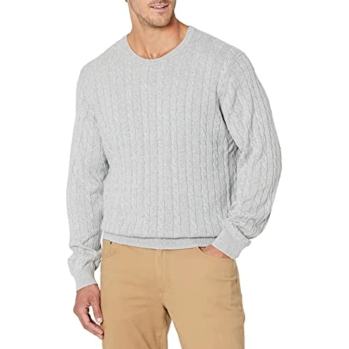 Amazon Essentials Men's Crewneck Cable Cotton Jumper, Light Grey Heather, XXL