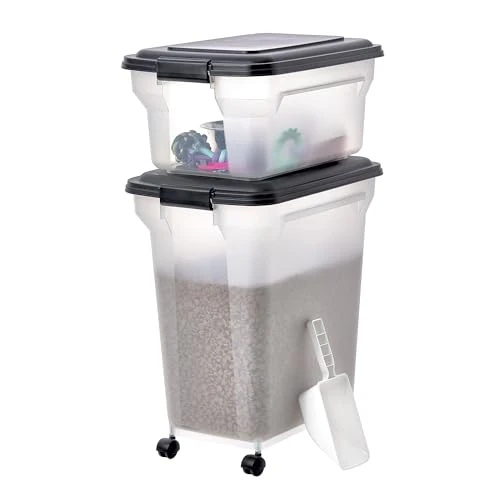 Iris Ohyama, Pudełko, Pojemnik na granulki, Plastikowa karma z pokrywką, kółkami i łopatą, S34 x G 46 x W 56 cm, hermetyczne, bez BPA, dla psów i kotów, ATS-C, czarny