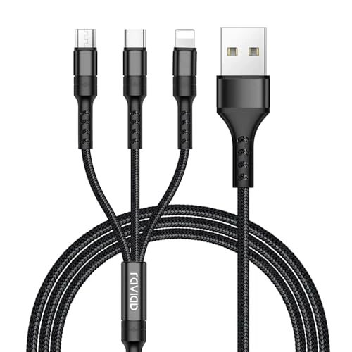 Limited-time offer: RAVIAD Multi Charger Cable, 3 in 1 Charger Cable 3A USB Fast Charging Cord [1.2M] Multi Charging Cable with Micro USB Type C Lightning Cable Connector for iPhone, Samsung, Huawei, Sony, LG, PS5-Black from 5.99 GBP to 5.19 GBP (save 13%)