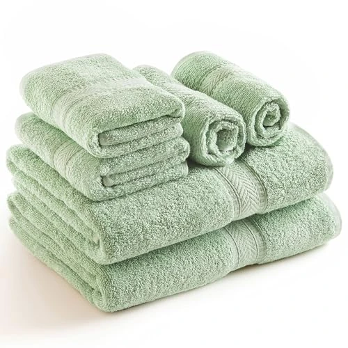 Oferta limitowana: Słodka igła - 6-częściowy zestaw ręczników codziennego użytku, szałwia zielona - 2 ręczniki kąpielowe 70 x 140 cm, 2 ręczniki do rąk 50 x 90 cm, 2 ściereczki do prania 30 x 30 cm - 100% bawełna typu ringspun, ciężka i chłonna z 149.99 z