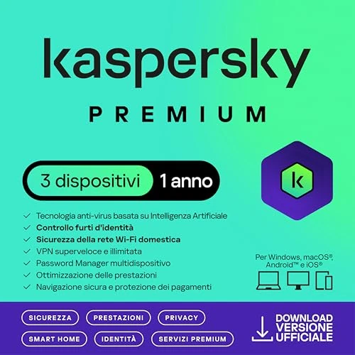 Offerta a tempo: Kaspersky Premium Total Security 2026 | 3 dispositivi | 1 anno | Anti-Phishing e Firewall | VPN illimitata | Password Manager | Parental Control | Assistenza 24/7 | PC/Mac/mobili | Attivazione e-mail - 56% da 89.99 € a 39.99 €