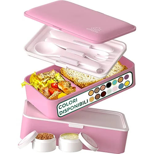 Umami Lunchbox Erwachsene, Auslaufsichere Bento Box mit Fächern und 4 Bestecke, Brotdose Erwachsene, Salatbehälter To-Go, Lunch Box für Picknick/Büro, Kawaii Pink, 1200 ml