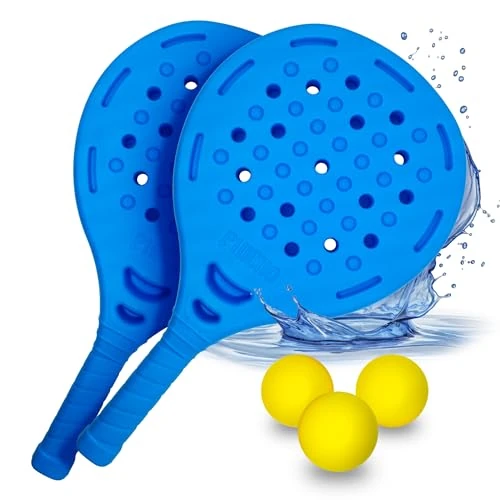 Set of Plastic Padel Racquets, 2 Paddles + 3 EVA Balls, Waterproof, (Blue)