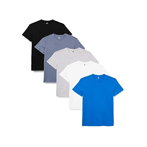 Lower East Heren T-shirt met V-hals, gemaakt van 100% katoen, Wit/zwart/Olympia blauw/grijs melange/Folkstone grey, set van 5, 3XL