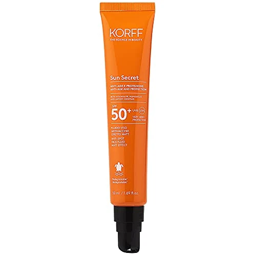 Korff Korff Sun Secret - Fluido facial antimanchas SPF50, crema fluida efecto mate textura suave, protección alta UVB y UVA, biodegradable, 50 ml - 130 g