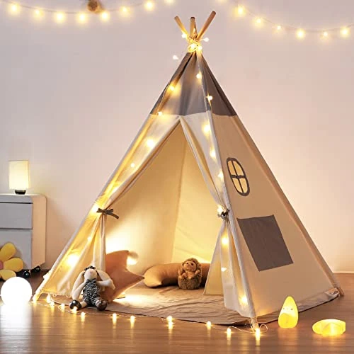 Offerta a tempo: besrey Tenda per Bambini da Gioco in Tela Indiana Teepee in 100% Cotone con Luci Fatate + Grigio Opaco — 21% da 79,99 € a 62,99 €
