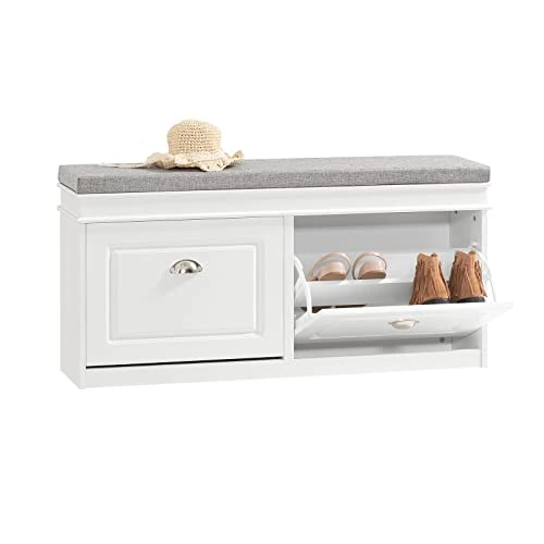 SoBuy Banco Zapatero con Asiento y Almacenaje - Puff Organizador con 2 Solapas, Estrecho para Zapatero Entrada Recibidor, Recibidores de Entrada y Dormitorio, 104x24x52cm Blanco FSR64-W