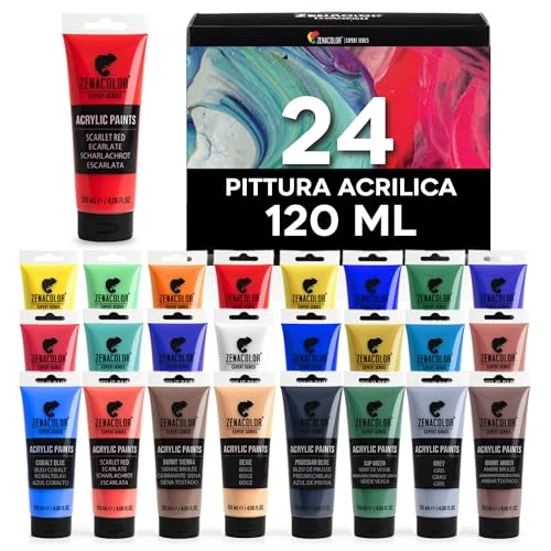 Zenacolor Kit di 24 Colori Acrilici, 24 Tubetti da 120 ml, 24 Colori Tempere per Dipingere, per Legno, Bricolage, per Adulti.