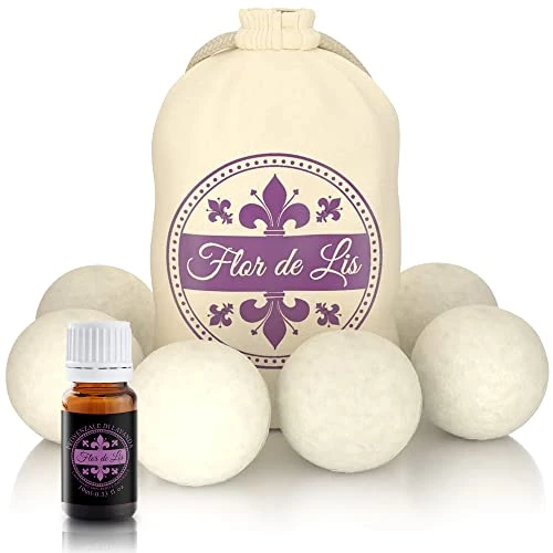 Flor De Lis Tumble Lis Boule de Laine pour Sèche-Linge & Huile Essentielle Lavande 10ml - 6 Pièces, Sac Rangement - Laine Mérinos Nouvelle-Zélande - Réutilisable, 1100 Lavages - Fait en Europe