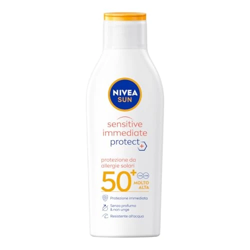 NIVEA SUN - Crema solar Sensitive Immediate Protect FP50+ en frasco de 200 ml, leche solar con aloe vera y antioxidante, protección solar contra alergias solares