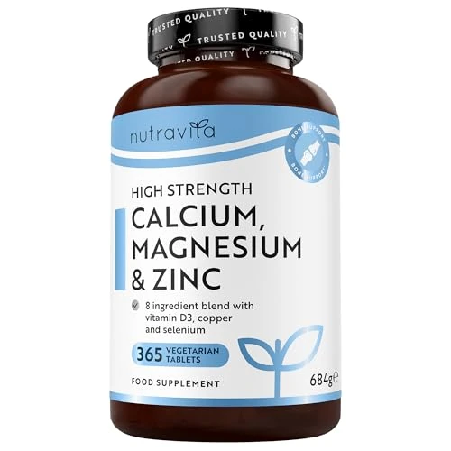 Calcium, Magnesium, Zink en Vitamine D3 – 365 Vegetarische Tabletten – Krachtig Calciumsupplement – Supplement voor Botten - 6maanden voorraad – Gemaakt in het VK door Nutravita