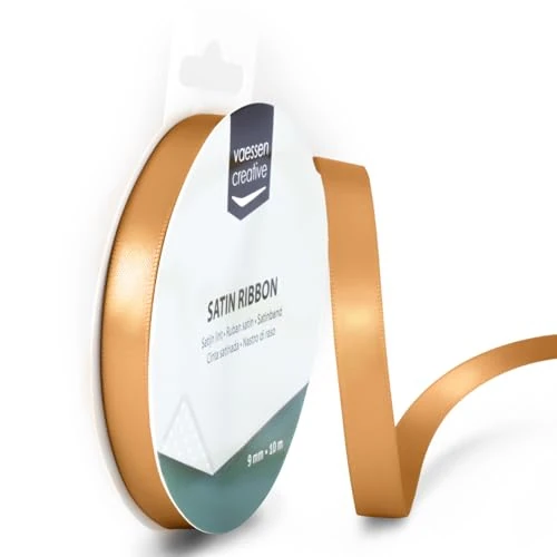 Vaessen Creative Satinband Hellbraun, 9 mm x 10 Meter, Schleifenband, Dekoband, Geschenkband und Stoffband für Hochzeit, Taufe und Geburtstagsgeschenke