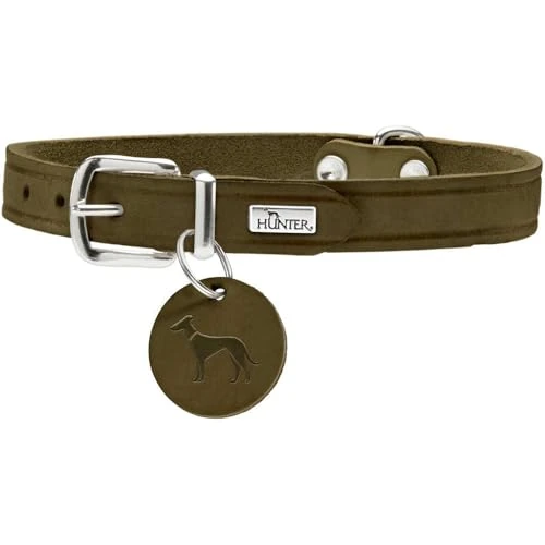 HUNTER Hundehalsband AALBORG, Farbe: oliv, robustes & strapazierfähiges Leder, starke Fettung, ideal für Hundesport & Alltag, mit Lederanhänger, Made in Germany, Größe: 32