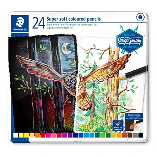 STAEDTLER ST Matite Colorate Soft, Classico Formato Esagonale, Mine Super morbide, Elevata opacità su Carta Chiara e Scura, Astuccio in Metallo con 24 Colori Vivaci, 149C M24, Multicolore