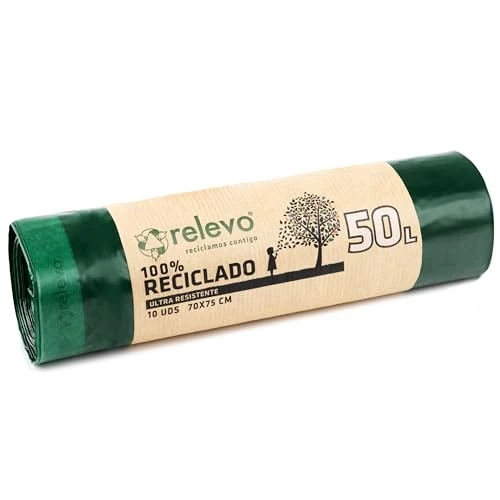 Offerta a tempo: Relevo Sacchi Spazzatura Verdi con Maniglie – 50L (Largh 70 cm x Alt 75 cm), 10 Sacchi per Rotolo | Sacchetti Immondizia Extra Resistenti | 100% LDPE Riciclato | Certificato Blue Angel - 55% da 8.96 € a 3.99 €