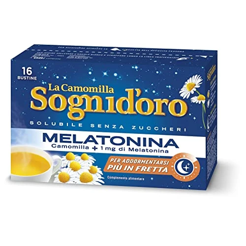 Offerta a tempo: Camomilla Sogni d'oro solubile con melatonina, 16 Filtri, senza zuccheri e glutine, immediatamente solubile, facile da preparare, sonno rapido. - 19% da 3.19 € a 2.59 €