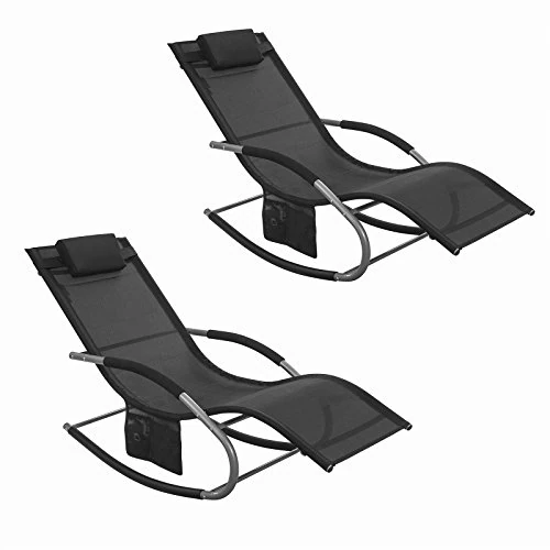 Offerta a tempo: SoBuy Set di 2 Sedie a Dondolo da Esterno in Textilene Nero con Telaio in Metallo, 150x63x87cm, Portata Fino a 150kg - Lettino Prendisole per Terrazza, Piscina, Patio, OGS28-SCHx2 - 0.00% da 134.95 € a 134.95 €