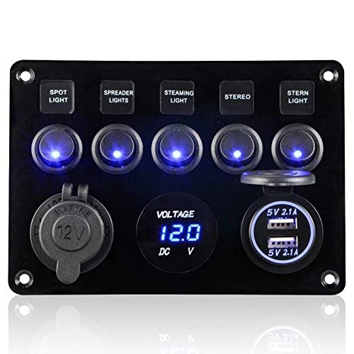 Offerta a tempo: Geloo Pannello Interruttori 5 Gang 12V/24V Impermeabile Doppia Presa USB Voltmetro Digitale Interruttore Bilanciere per Auto Barca Camper e Camion - 0.00% da 25.98 € a 25.98 €
