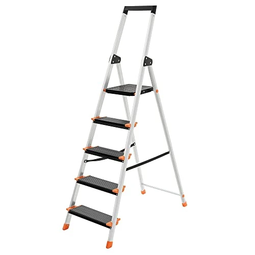 Offerta a tempo: SONGMICS Scaletta a 5 Gradini, Scala Pieghevole in Alluminio, Gradini Larghi 13 cm, Portautensili, Piedini Antiscivolo, Portata 150 kg, Nero e Arancione GLT05BK - 62% da 174.97 € a 66.49 €