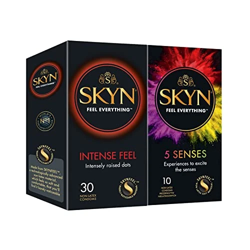 SKYN Intense Feel prezerwatywy (30 sztuk) i 5 prezerwatyw Senses (5 sztuk) | Skynfeel prezerwatywy dla mężczyzn, delikatny dotyk, bardzo mocne wypustki, stymulujące, szerokość 53 mm, do użytku z