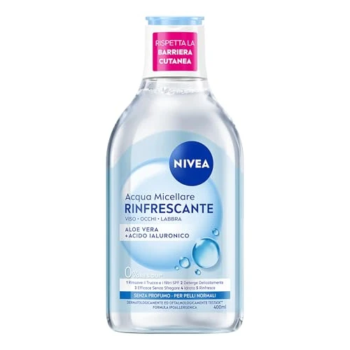 Offerta a tempo: NIVEA Acqua Micellare Rinfrescante 400 ml, Struccante viso e occhi e labbra per make-up e SPF, Detergente viso con Aloe Vera e Acido Ialuronico, Senza profumo, Ipoallergenica, Pelle normale - 68% da 3.99 € a 1.29 €